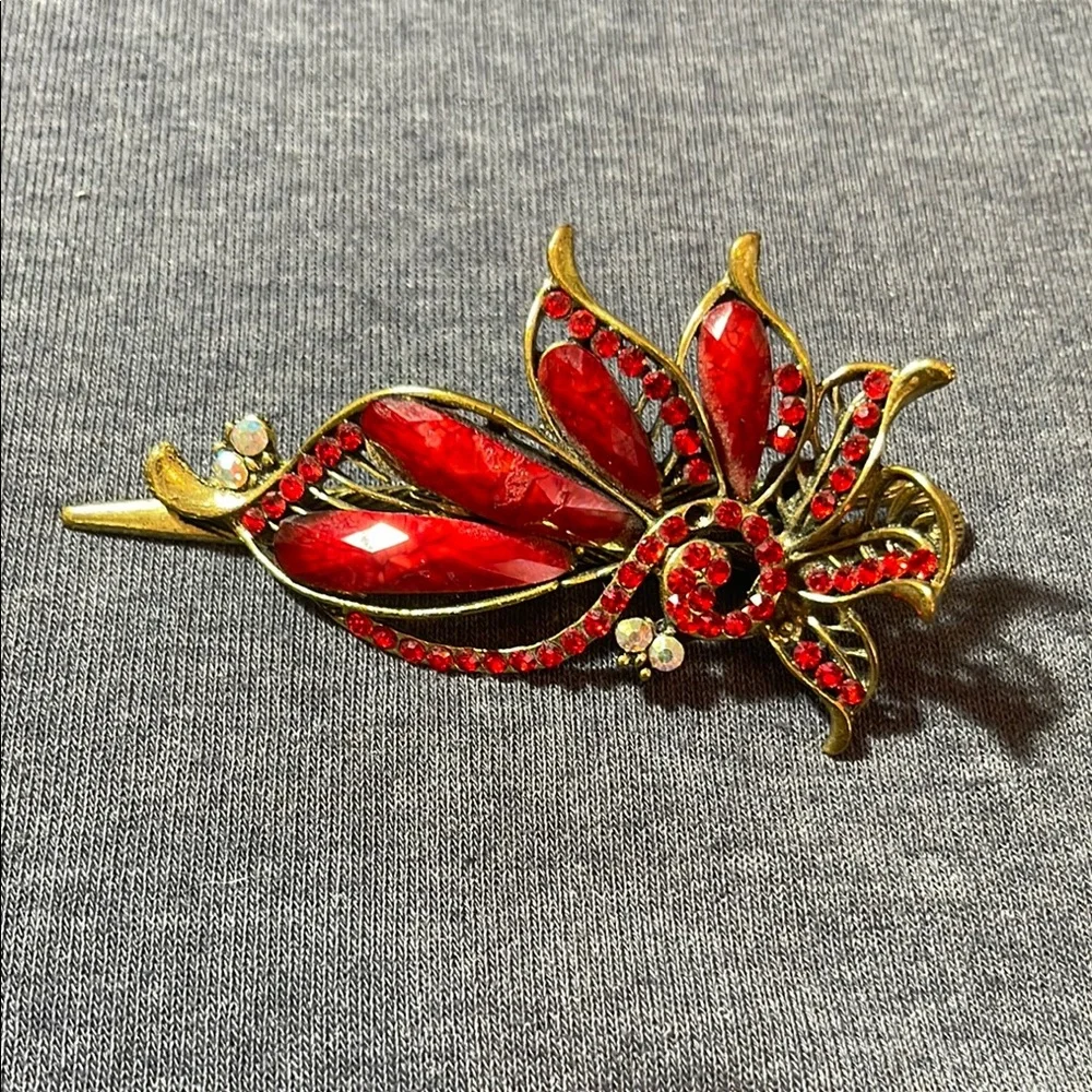 Vintage Elegant Red and Gold Floral hair clip